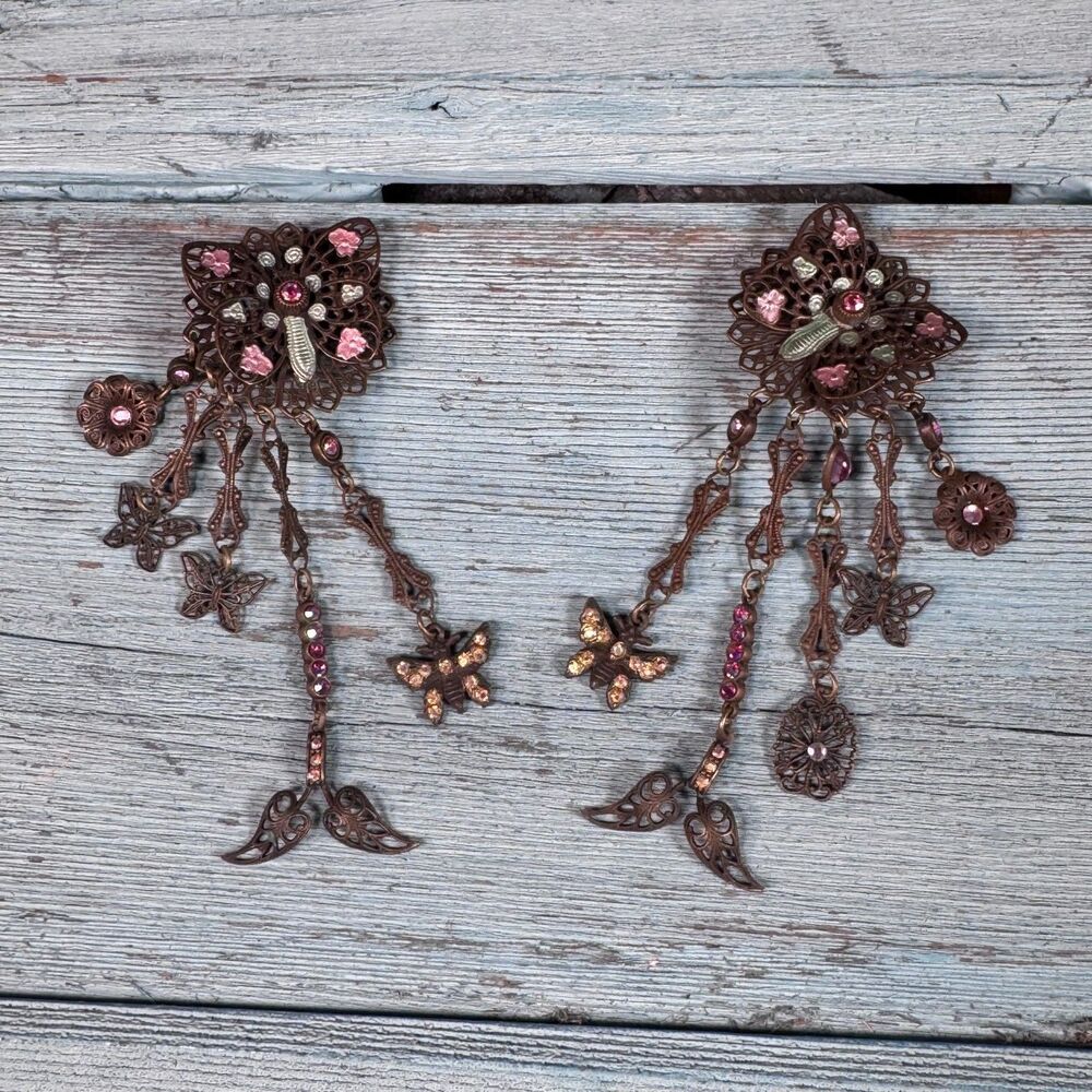 Vintage Banana Bob Statement Earrings ClipOn Boho Butterfly Dangle Rhinestone